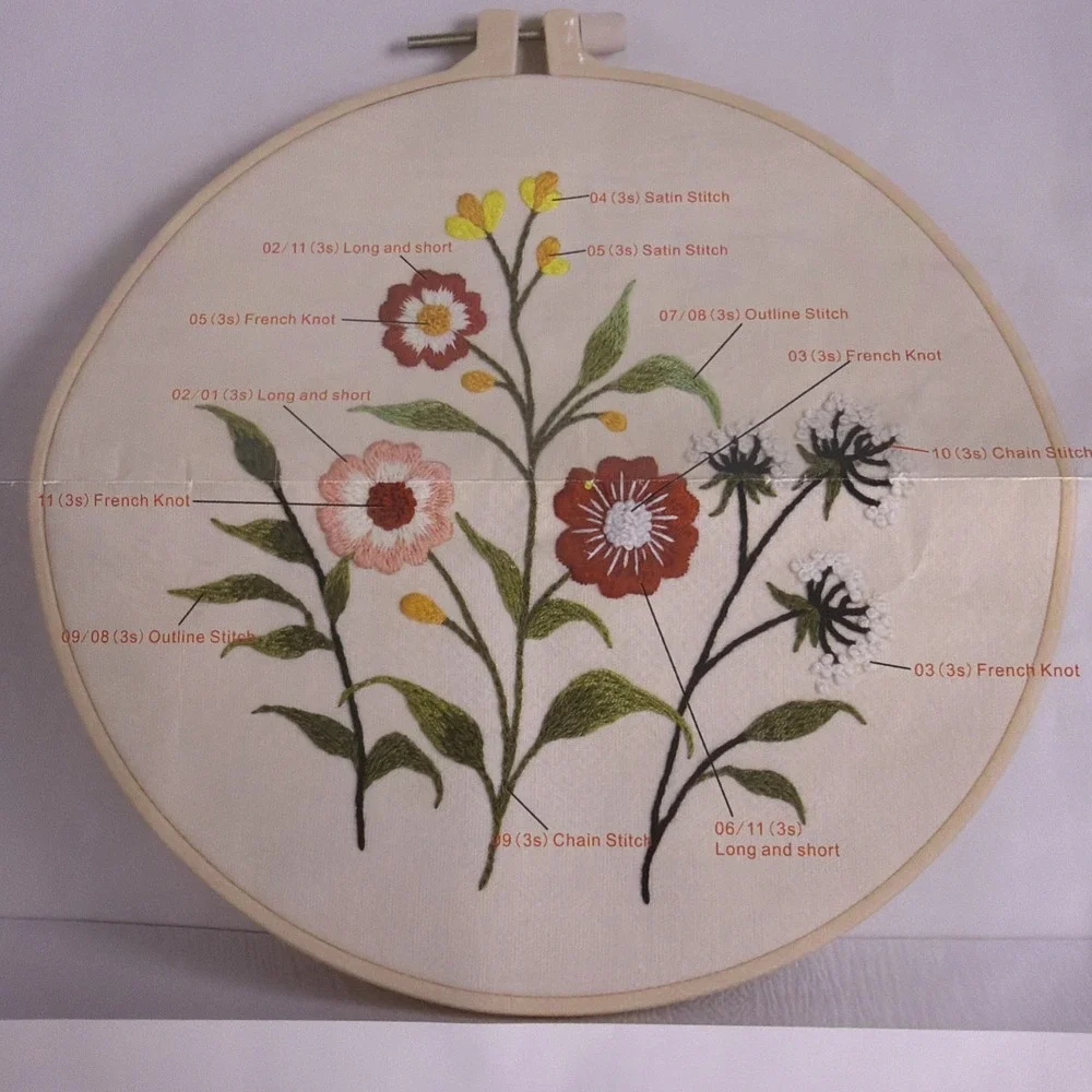 Boho Wild Flower Embroidery‎ DIY Art Kits Stamped Cloth Beginner Kits with Hoop